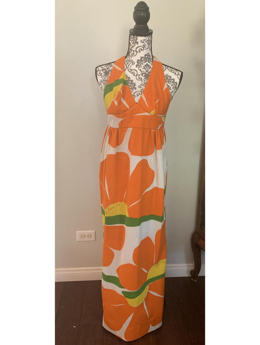 NEIMAN MARCUS Sleeveless 1960’s Halter Maxi Dress Women's Orange Flower Size 4